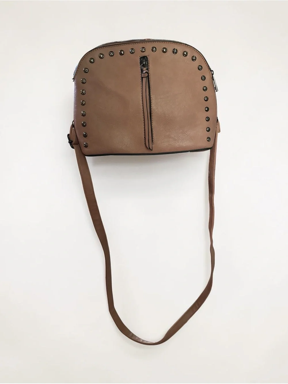 Taupe Studded Crossbody Bag with Front Zip